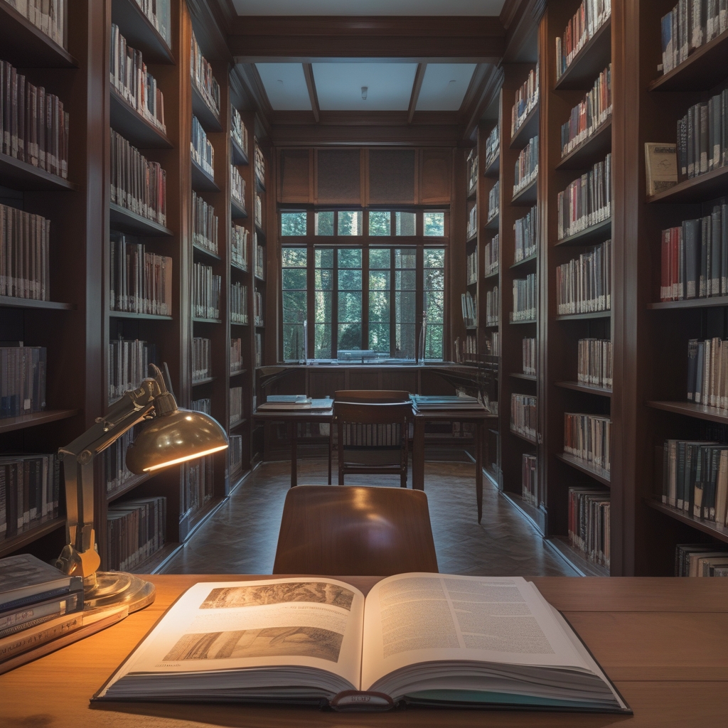 Well-lit modern library reading room with architectural bookshelves, a wooden study table with open books about anatomy and movement science, warm focused desk lamp, scholarly atmosphere