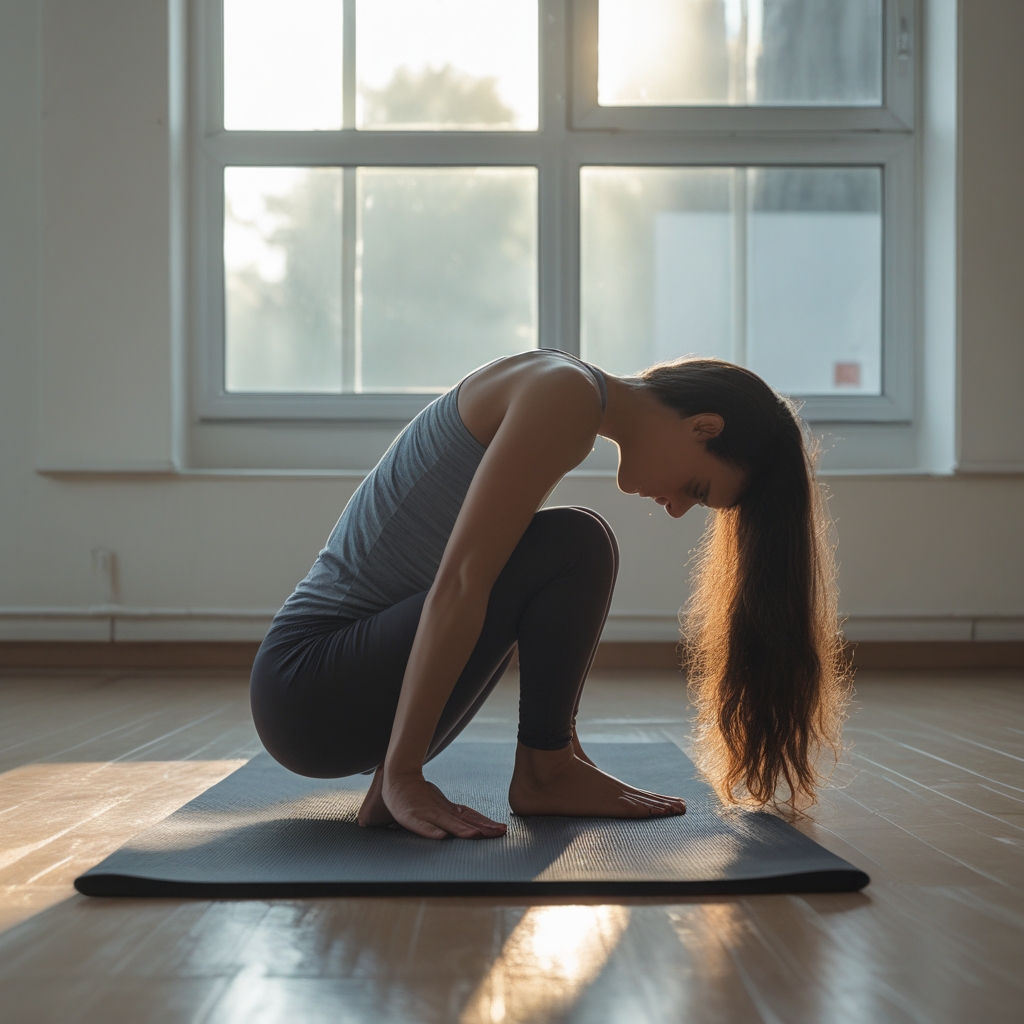 Person seated on a yoga mat performing a forward fold stretch, early morning light filtering through a window, calm studio environment, focus on the curvature of the spine
