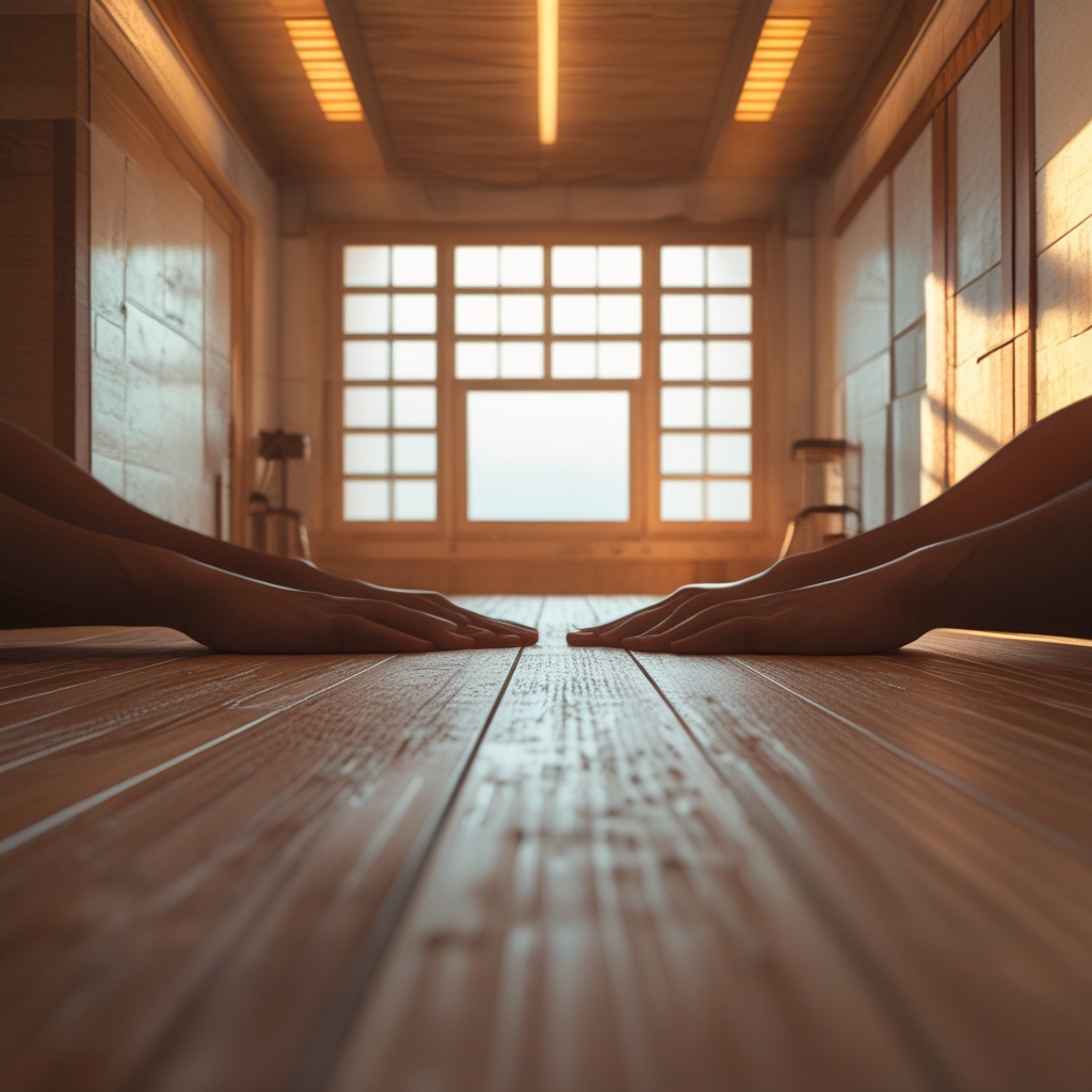 Close-up of hands reaching toward feet during a floor stretch exercise, wooden studio floor, warm directional lighting emphasizing muscle tension and relaxation