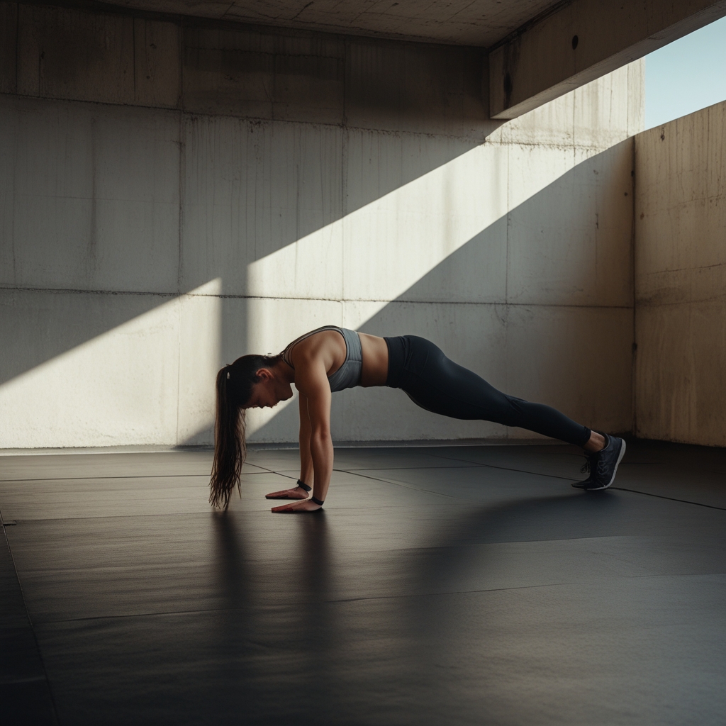 Person performing a controlled plank position on a dark gym floor, strong side lighting creating dramatic shadows across back and arm muscles, architectural gym setting with exposed concrete walls
